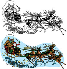 Santa Claus flying in his magic sleigh pulled by his reindeer on Christmas Eve.