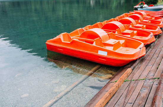 boat station , pier with catamarans, Lake Champex, Switzerland