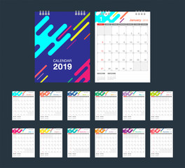 2019 Colorful Calendar. Desk Calendar modern design template. Week starts Sunday. A5 or A4 paper size.