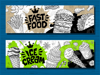 Fast food colorful modern banners set labels. Fast food. Ice cream. donuts. Hot dog, hamburger, coffee, wings, nuggets, tacos