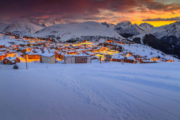 Beautiful sunset and ski resort in the French Alps, Europe