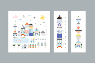 Landscape with castle. Cute and fun poster for kids. Baby room decor. Vector