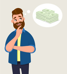 Man thinking for cash/money. Money concept in thought bubble. Vector illustration in cartoon style.