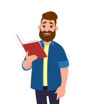 Young man holding/reading a book and smiling. Vector illustration in cartoon  style. Stock Vector | Adobe Stock