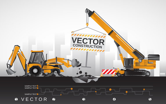 Vector backhoe tractor with boom crane, construction equipment.