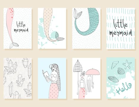 Vector hand drawn illustration of a mermaids. Collection of greeting cards.