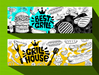Barbecue banner posters grilled food, sausages, chicken, french fries, steaks, fish, grill BBQ party. Set trendy sketch style cards typography chalkboard. Hand drawn vector illustration.