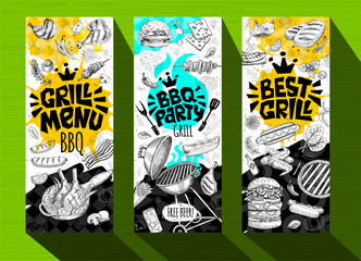 Barbecue banner posters grilled food, sausages, chicken, french fries, steaks, fish, grill BBQ party. Set trendy sketch style cards typography chalkboard. Hand drawn vector illustration.