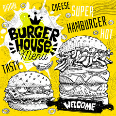 Burger house cafe restaurant menu. Vector sub sandwiches fast food flyer cards for bar cafe. Design template, logo, emblem, sign, crown, welcome vintage hand drawn vector illustrations.