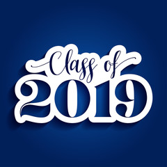 Class of 2019 Congratulations Graduate - Typography. white sticker and isolated dark blue background.