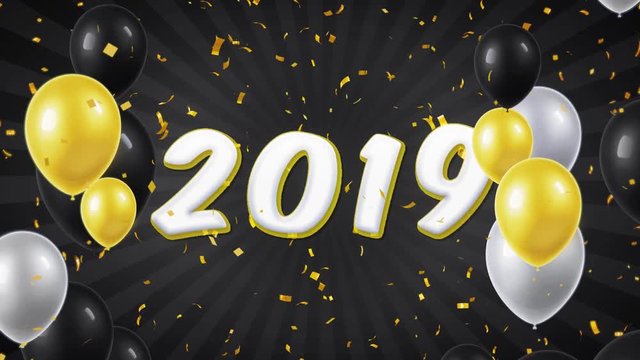 05. Happy New Year 2019 Text Appears on Confetti Popper Explosions Falling and Glitter Particles, Colorful Flying Balloons Seamless Loop Animation.