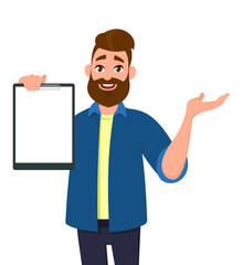 Man holding/showing a blank clipboard and gesturing hand. Vector illustration in cartoon style.