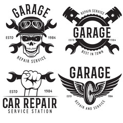 Vintage car service badges, templates, emblems and design elements, garage repair retro labels collection. Included tire service logos, mechanic tools, wrench, pistons and gear.