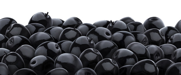 Obraz premium Heap of black olives isolated on white background. Seamless pattern.