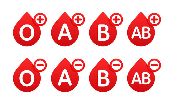 Blood Group In The Form Of A Drop Of Blood. Different Blood Types Vector Illustration. Blood Test.