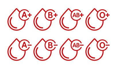 Blood types vector icons isolated on white. Drops of blood with blood type