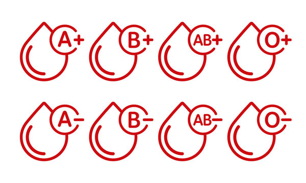 Blood types vector icons isolated on white. Drops of blood with blood type