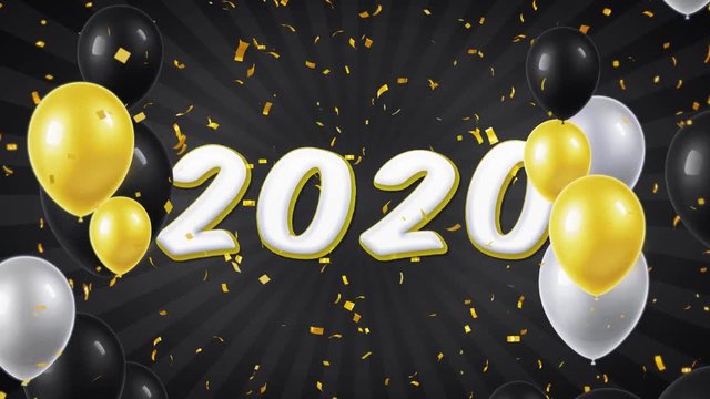 07. Happy New Year 2020 Text Appears on Confetti Popper Explosions Falling and Glitter Particles, Colorful Flying Balloons Seamless Loop Animation.