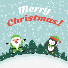 Santa Claus and  penguin. Holiday card. Merry Christmas! Winter landscape.