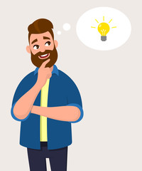 Man thinking for bulb icon or symbol with smile.Idea, innovation or initiation concept in thought bubble. Vector illustration in cartoon style.