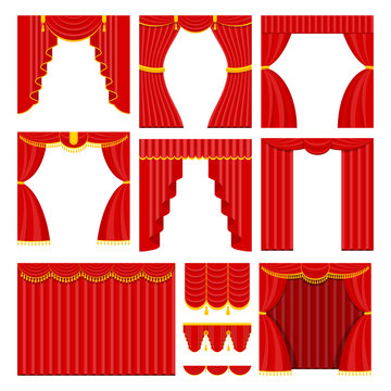 Curtains with lambrequins on the stage of the theater, concert hall. Decorations for the opening ceremony, at the premiere, awarding or other solemn official event