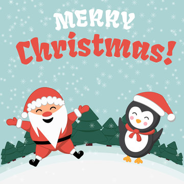 Christmas Santa Claus and penguin. Merry Christmas winter season greeting card . Vector illustration of EPS 10. Merry Christmas!