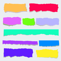 Scrap paper color set. Torn pieces of color sheet, lower thirds. Flat vector cartoon illustration. Objects isolated on transparent background.