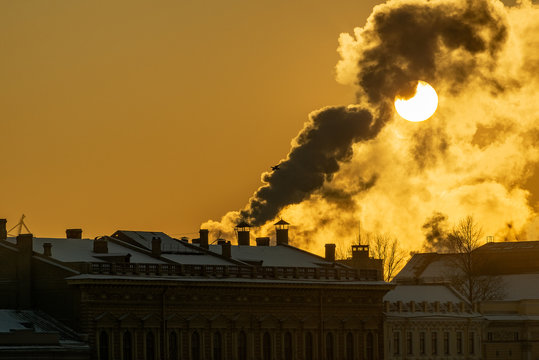 steam thick from the cold and lit by a huge round low sun rising above the historic center of St. Petersburg. Silhouette of a flying gull.  Place for the inscription. Semi-columns over windows