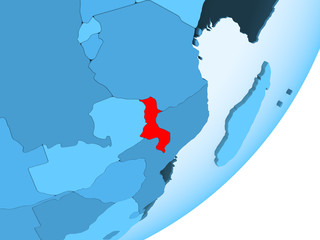 Map of Malawi on blue political globe