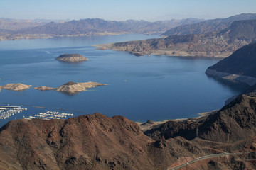 Aerial view of rocky formations and Lake Mead, Nevada