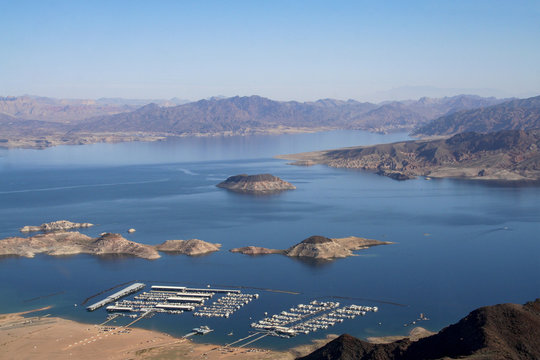 Aerial view of rocky formations and Lake Mead, Nevada