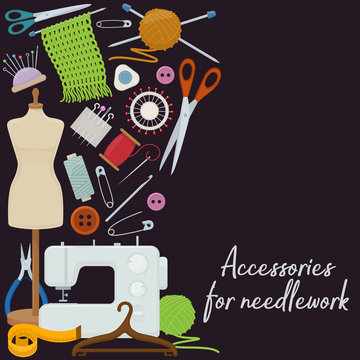 Set of tools for needlework and sewing. Handmade equipment and needlework accessoriesy, cartoon illustration. Vector