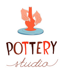 Pottery Studio. Traditional pottery making, hands shaping vase on wheel