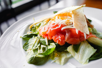 Closeup tasty grill vegetarian Slices of smoked salmon with bread, letuce arugula and cheese in european style, meal on large rounded white dish and spices on brown in urban modern stilysh restaurant