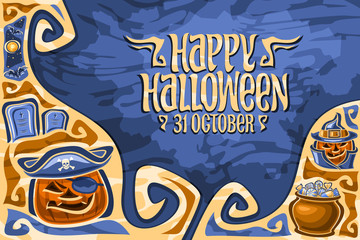 Vector greeting card for Halloween holiday with copy space, orange carved pumpkins, moon and bats above graves, original typeface for words happy halloween 31 october, placard with Jack o Lanterns.