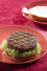Beef Burger with bell pepper and lettuce with cherry red and yellow tomato on Red background 