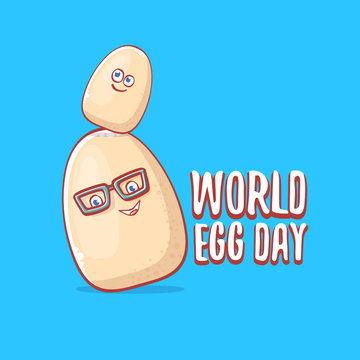 world egg day concept funny illustration with cute white egg cartoon kawaii character isolated on blue background.