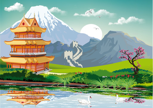 Realistic landscape of China. Chinese pagoda in the traditional Oriental style on the lake.