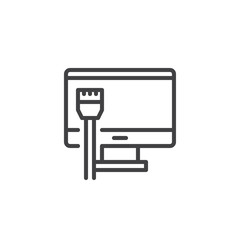 Monitor and Network cable outline icon. linear style sign for mobile concept and web design. LAN network simple line vector icon. Symbol, logo illustration. Pixel perfect vector graphics