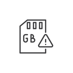 Gb Sd card and exclamation mark outline icon. linear style sign for mobile concept and web design. gigabyte memory card simple line vector icon. Symbol logo illustration. Pixel perfect vector graphics