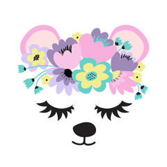 The face of a cute bear, a wreath of flowers on his head. Eyes closed and smiling. Vector illustration