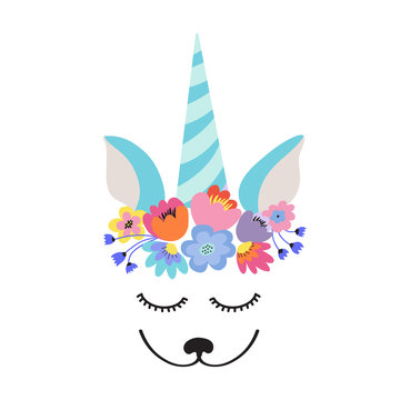 The face of a cute unicorn, a wreath of flowers on his head. Eyes closed and smiling. Vector illustration.