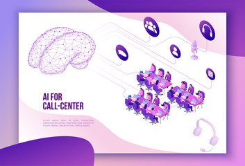 Isometric call center 3d vector illustration, artificial intelligence manages customer service, mobile support landing page, operator with headphone, contact centre concept