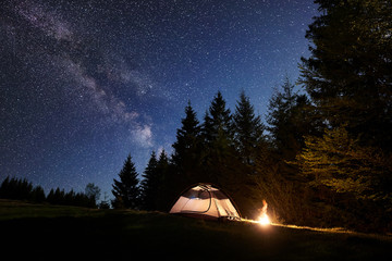 Camping site at night. Lit by brightly burning bonfire small tourist tent on forest clearing under clear dark blue starry sky on high pine trees background. Beauty of nature and tourism concept.