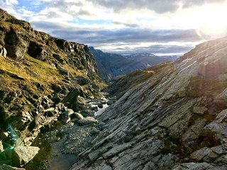 Astonishing view over Trolltunga fjord during an hike in autumn