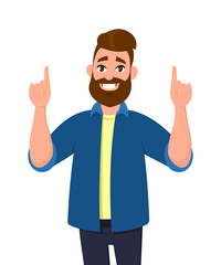 Young Man pointing up fingers while standing and smiling. Man pointing copy space. Emotion and body language concept in cartoon style vector illustration.