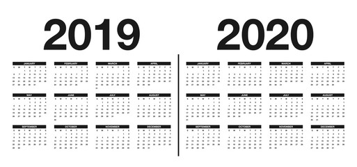 Calendar 2019 and 2020 template. Calendar design in black and white colors