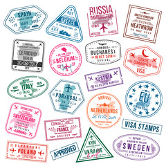 Obraz premium Set of visa stamps for passports. International and immigration office stamps. Arrival and departure visa stamps to Europe - Spain, Germany, Portugal, Turkey, Poland, Russia, United Kingdom etc.