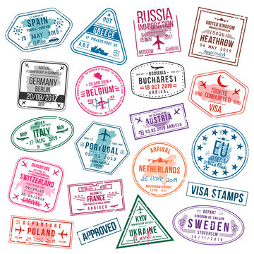 Set of visa stamps for passports. International and immigration office stamps. Arrival and departure visa stamps to Europe - Spain, Germany, Portugal, Turkey, Poland, Russia, United Kingdom etc.