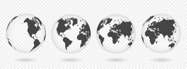 Fotobehang Set van transparante bollen van de aarde. Realistische wereldkaart in bolvorm met transparante textuur en schaduw © Yevhenii